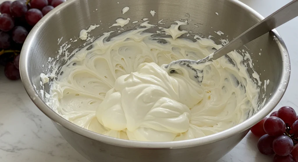 Cream cheese mixture being whipped in a bowl for grape salad.